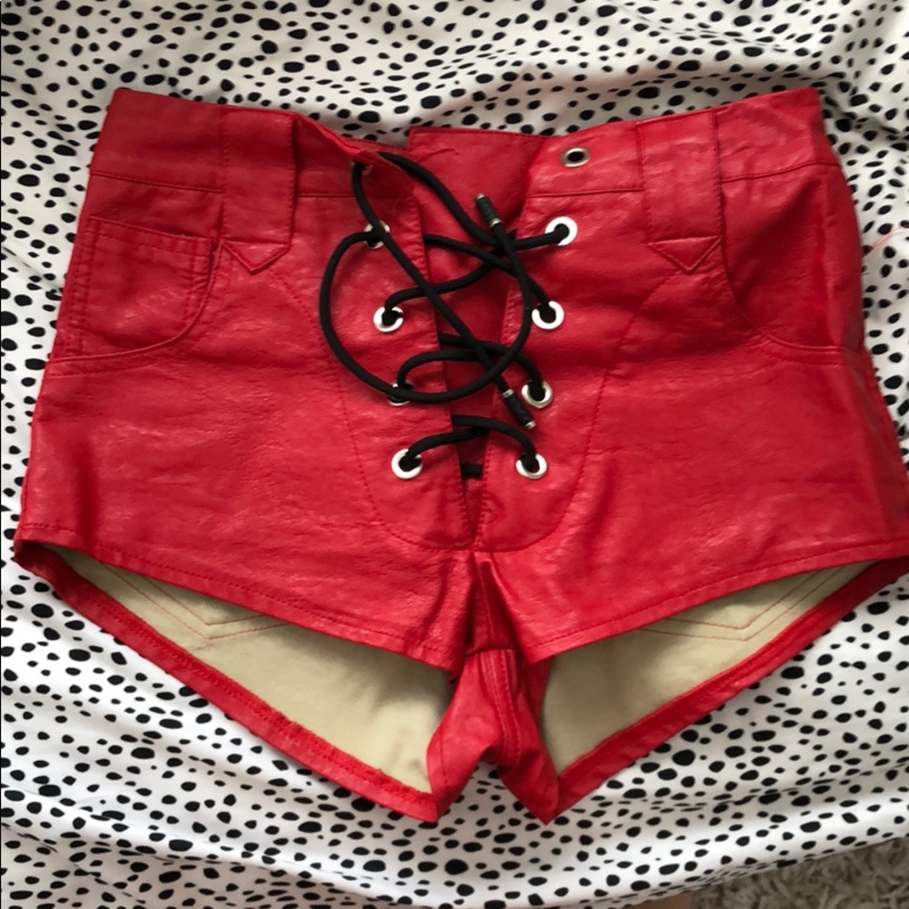 Red leather lace up shorts